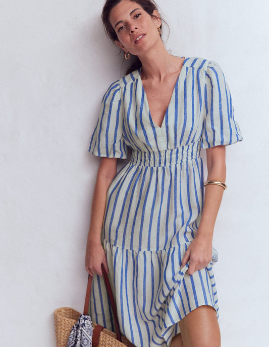 Irene Linen Midi Dress-Blue Stripe