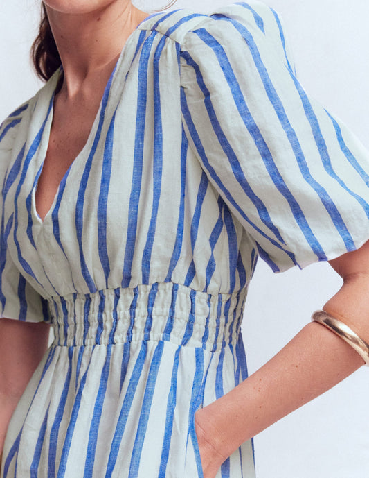 Irene Linen Midi Dress-Blue Stripe