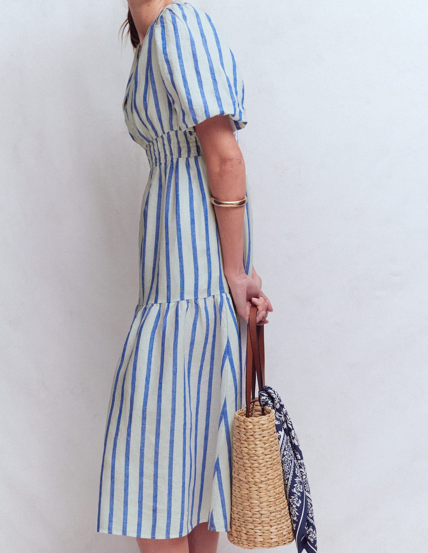 Irene Linen Midi Dress-Blue Stripe