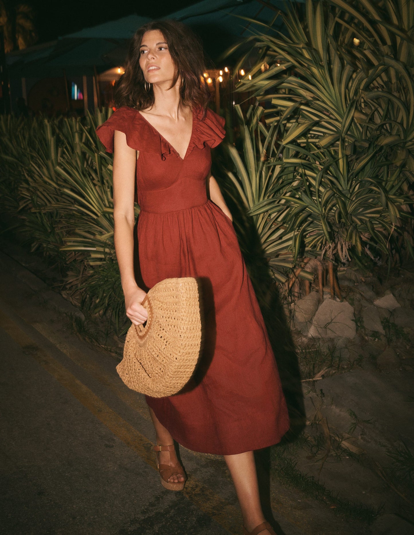 Mega Ruffle Linen Dress-Burnt Henna