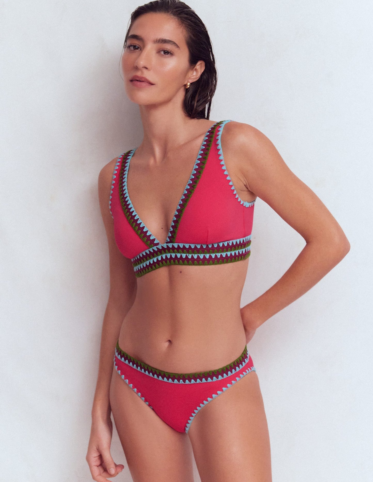 Porto V-neck Bikini Top-Rosy, Embroidery