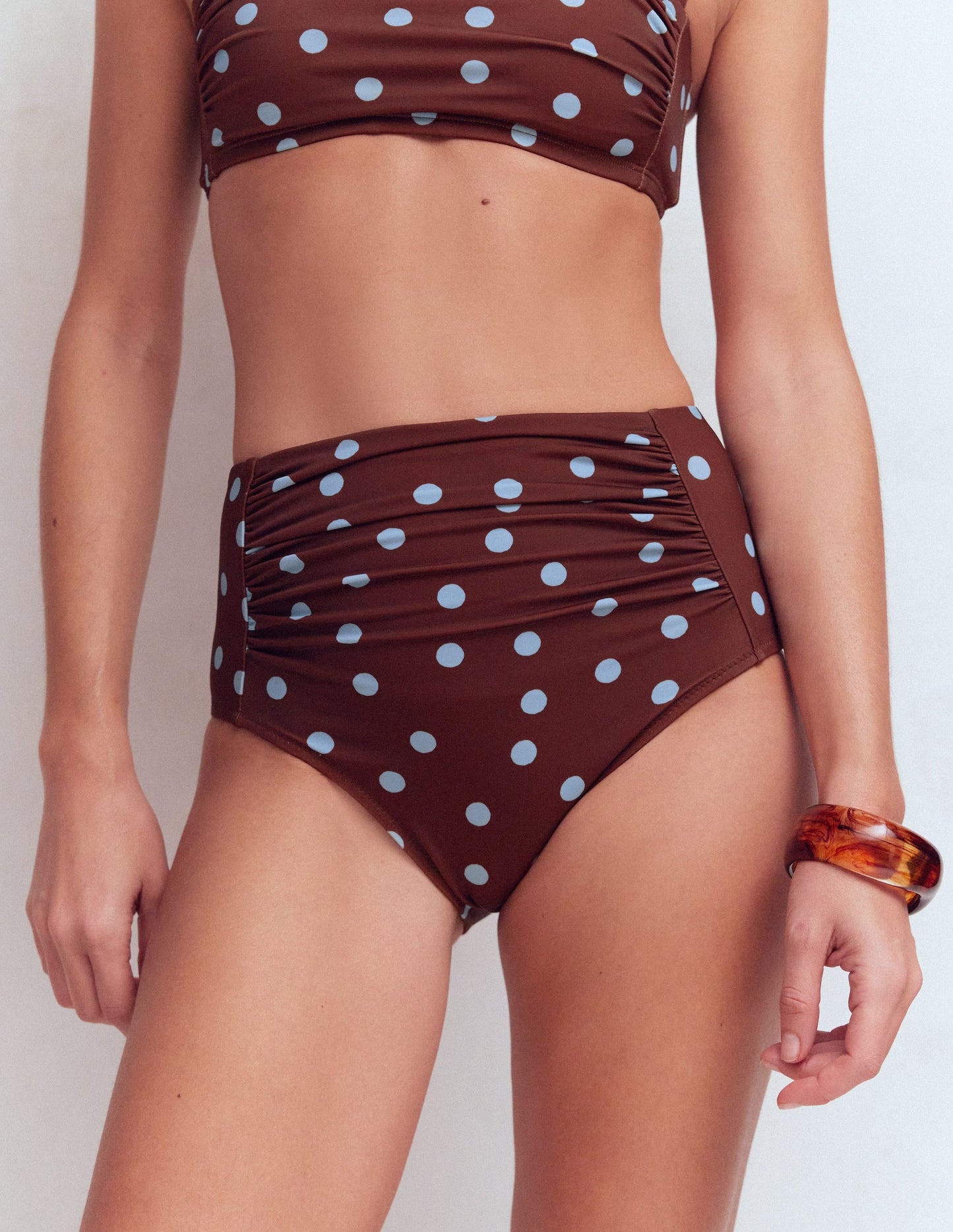 Kythira Ruched Bikini Bottoms-Chocolate And Blue Painted Dot