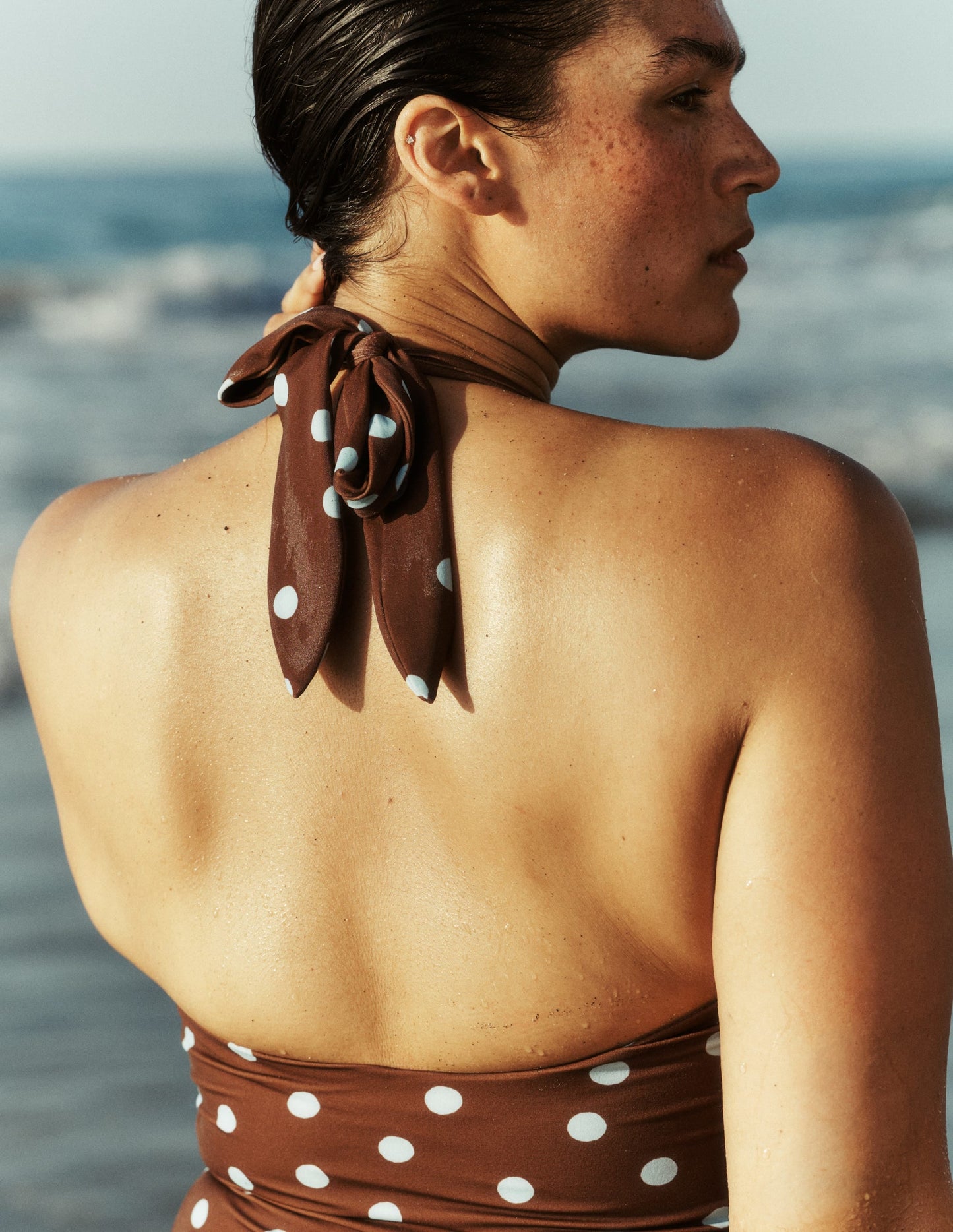 Kythira Ruched Swimsuit-Chocolate and Blue Painted Dot