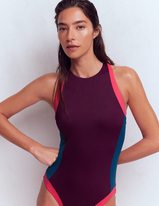 Sporty High Neck Swimsuit-Purple, Colourblock