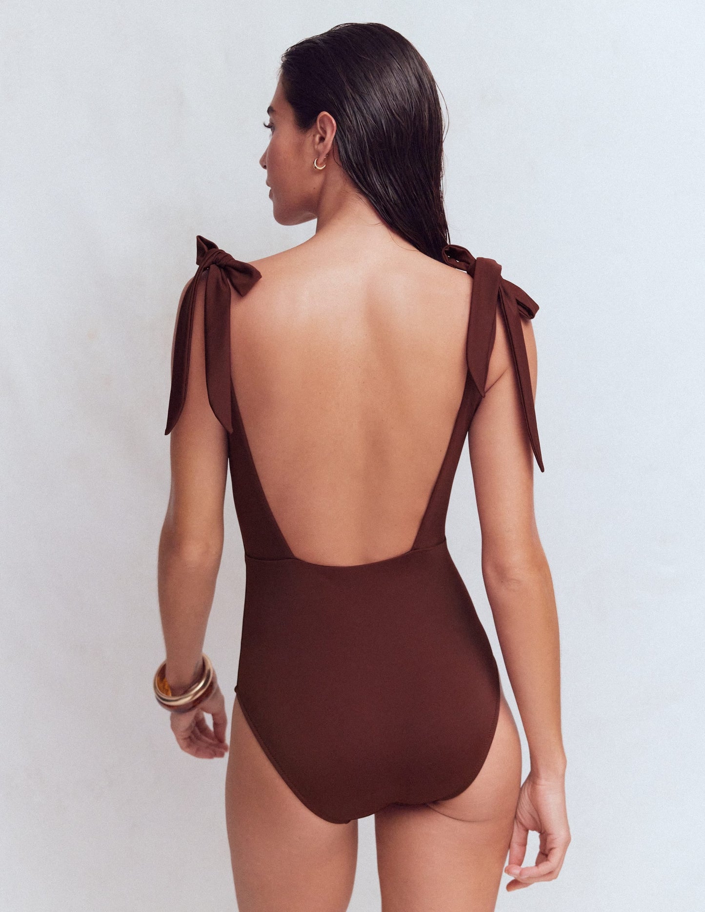 Bow Tie Shoulder Swimsuit-Cinnamon