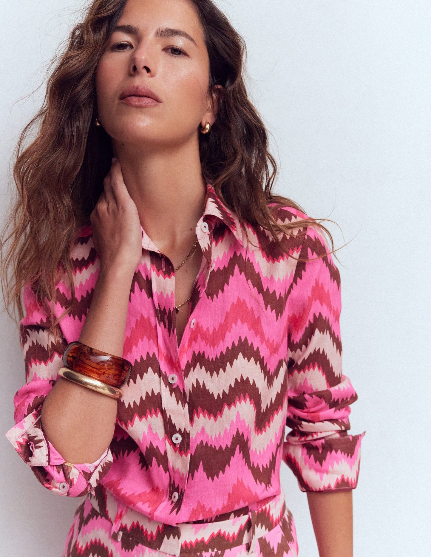 Sienna Linen Shirt-Pink Punch, Zig Zag Wave