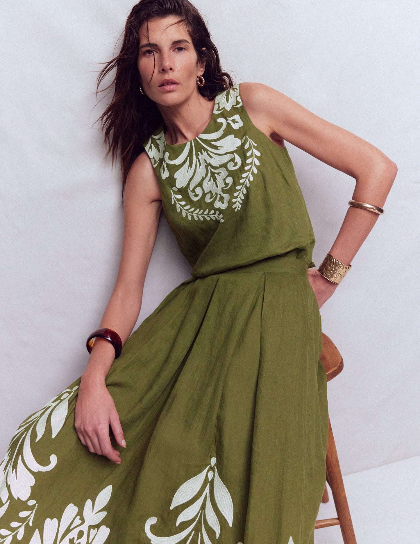 Sofia Embroidered Linen Top-Woodland Green