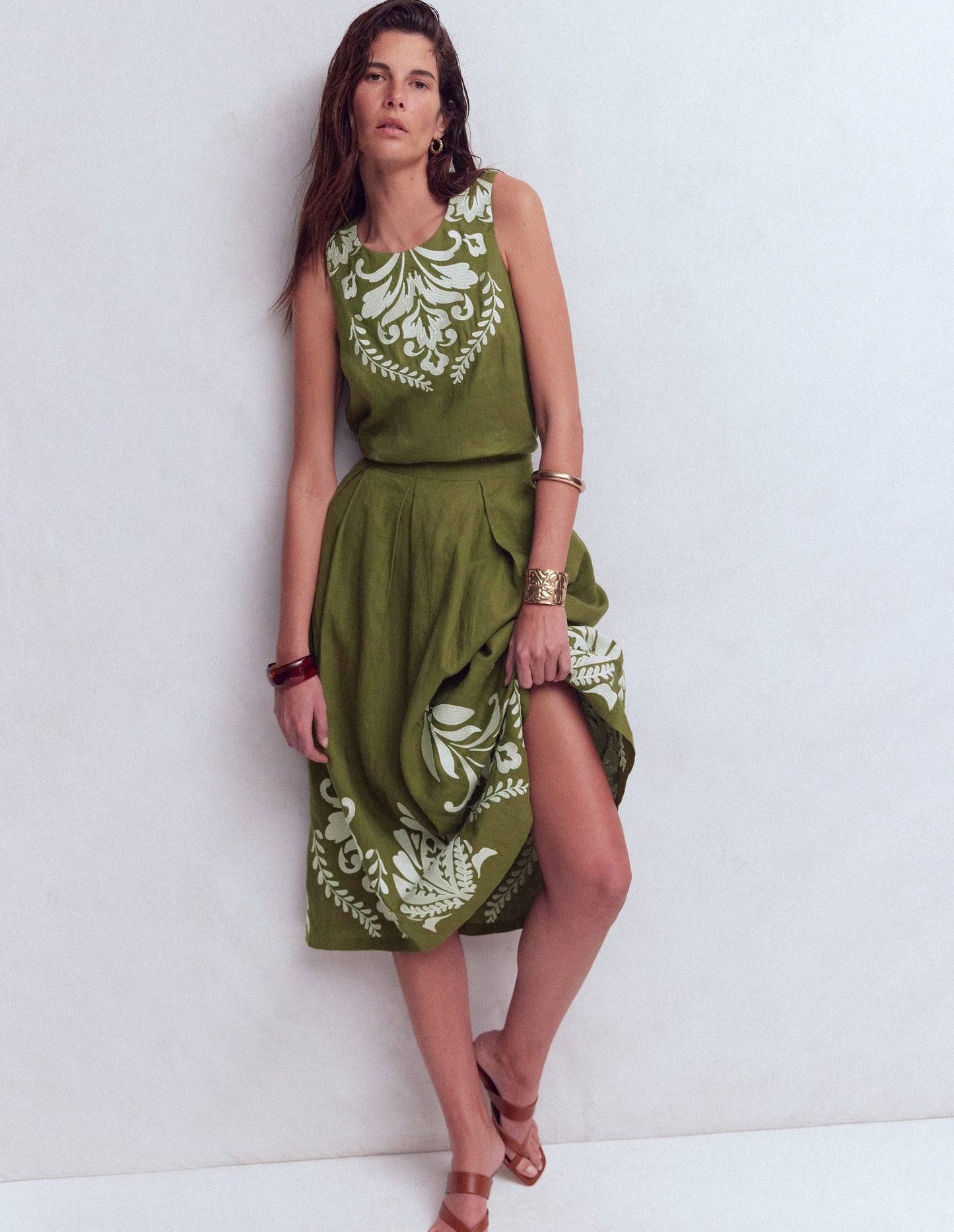 Sofia Embroidered Linen Top-Woodland Green