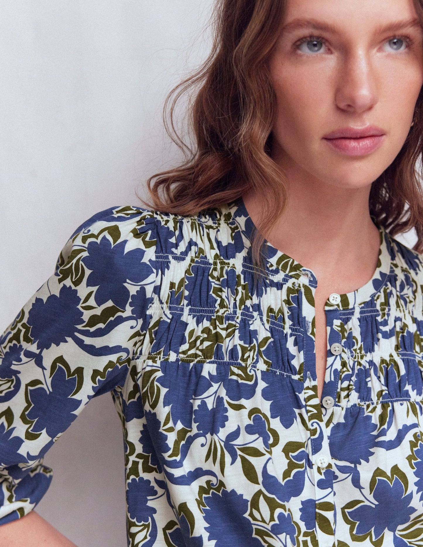 Mya Smocked Jersey Shirt-True Navy, Shadow Blossom