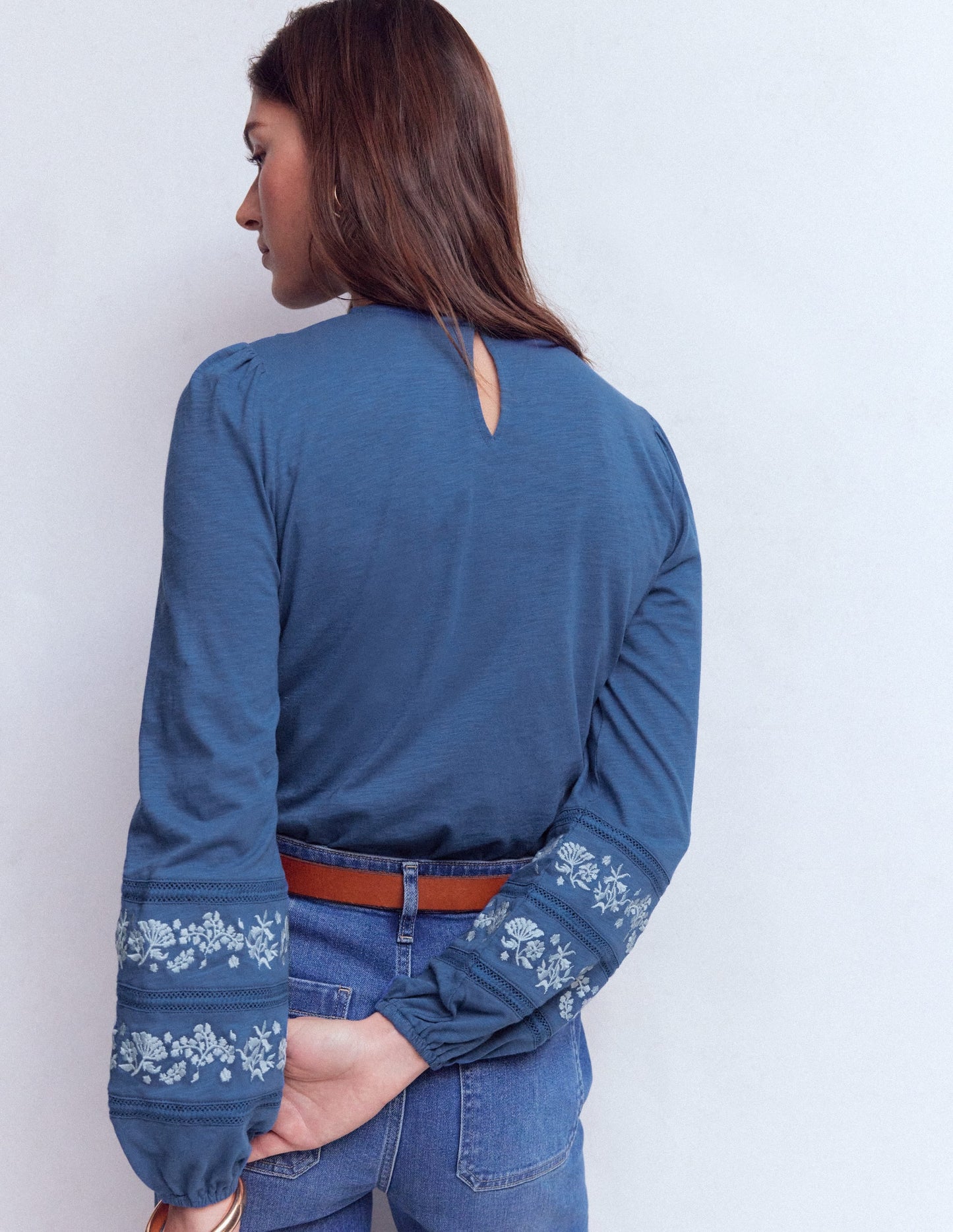 Rosie Embroidered Jersey Top-Denim Blue