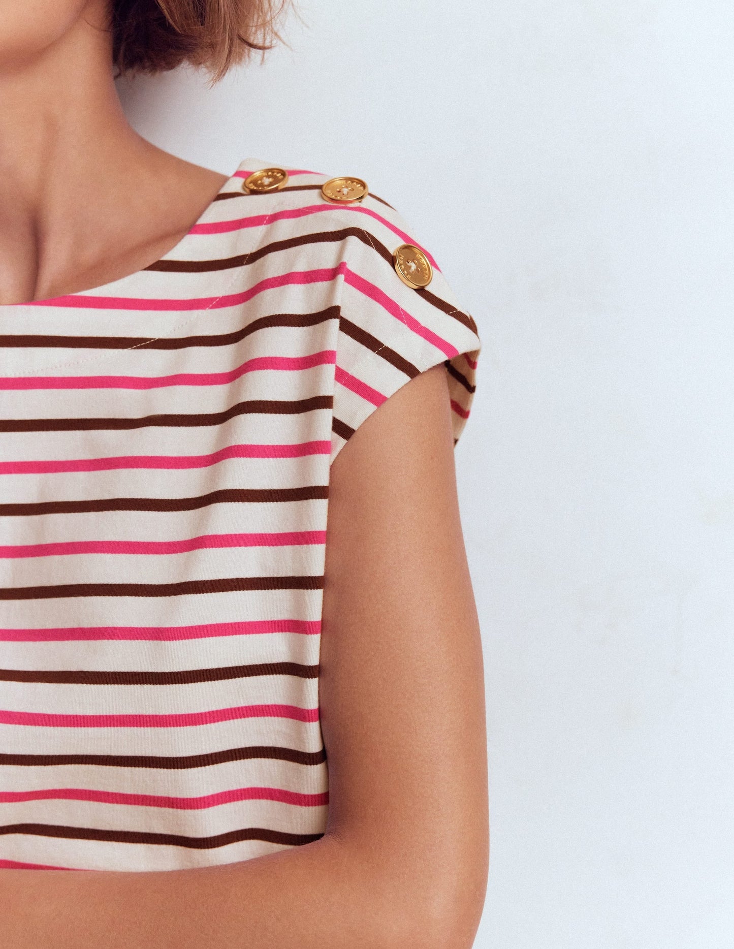 Button Detail T-Shirt-Pink Peony, Raw Umber Stripe