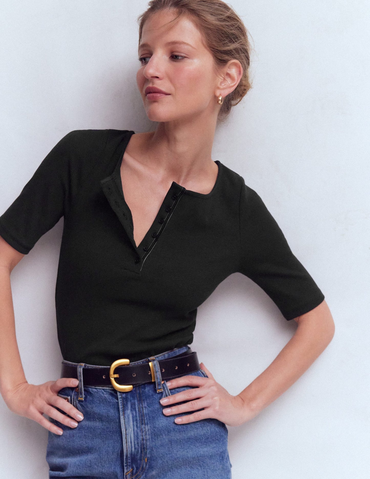 Short Sleeve Rib Henley-Black