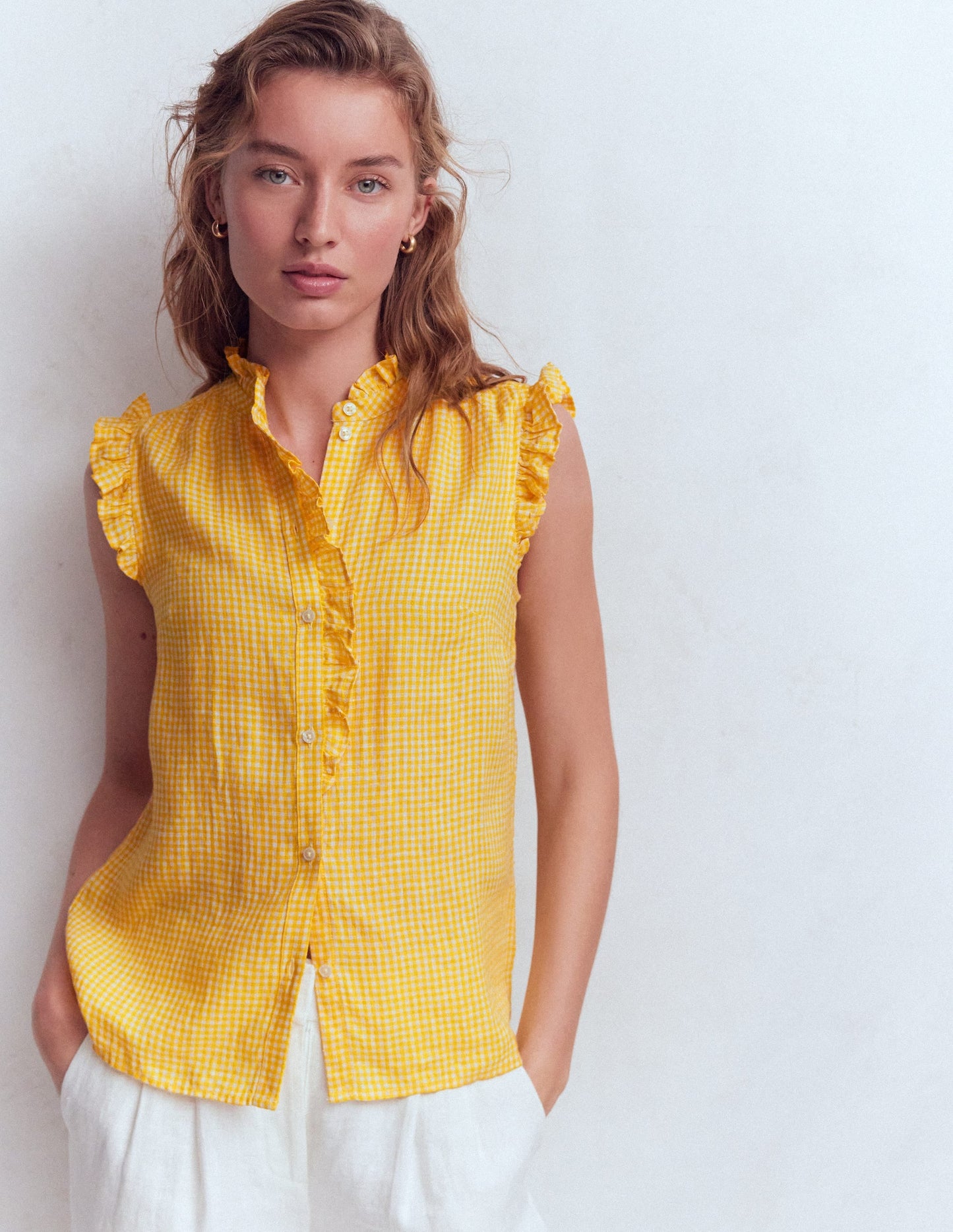 Isabel Sleeveless Linen Top-French Marigold Micro Gingham