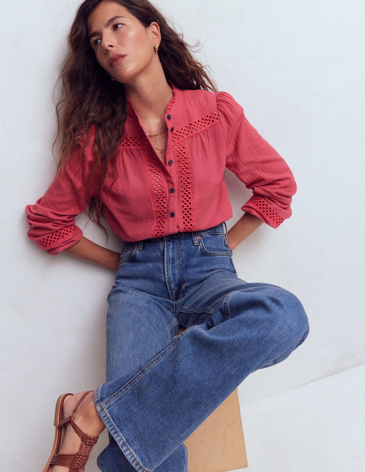 Trim Detail Double Cloth Top-Hollyberry