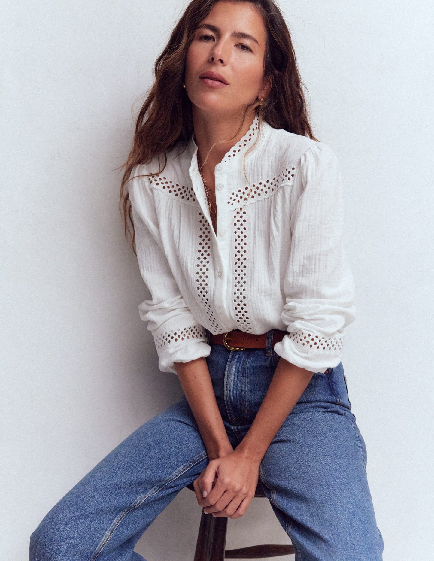 Trim Detail Double Cloth Top-White
