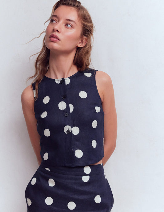 Andrea Linen Shell Top-French Navy, Painted Dot