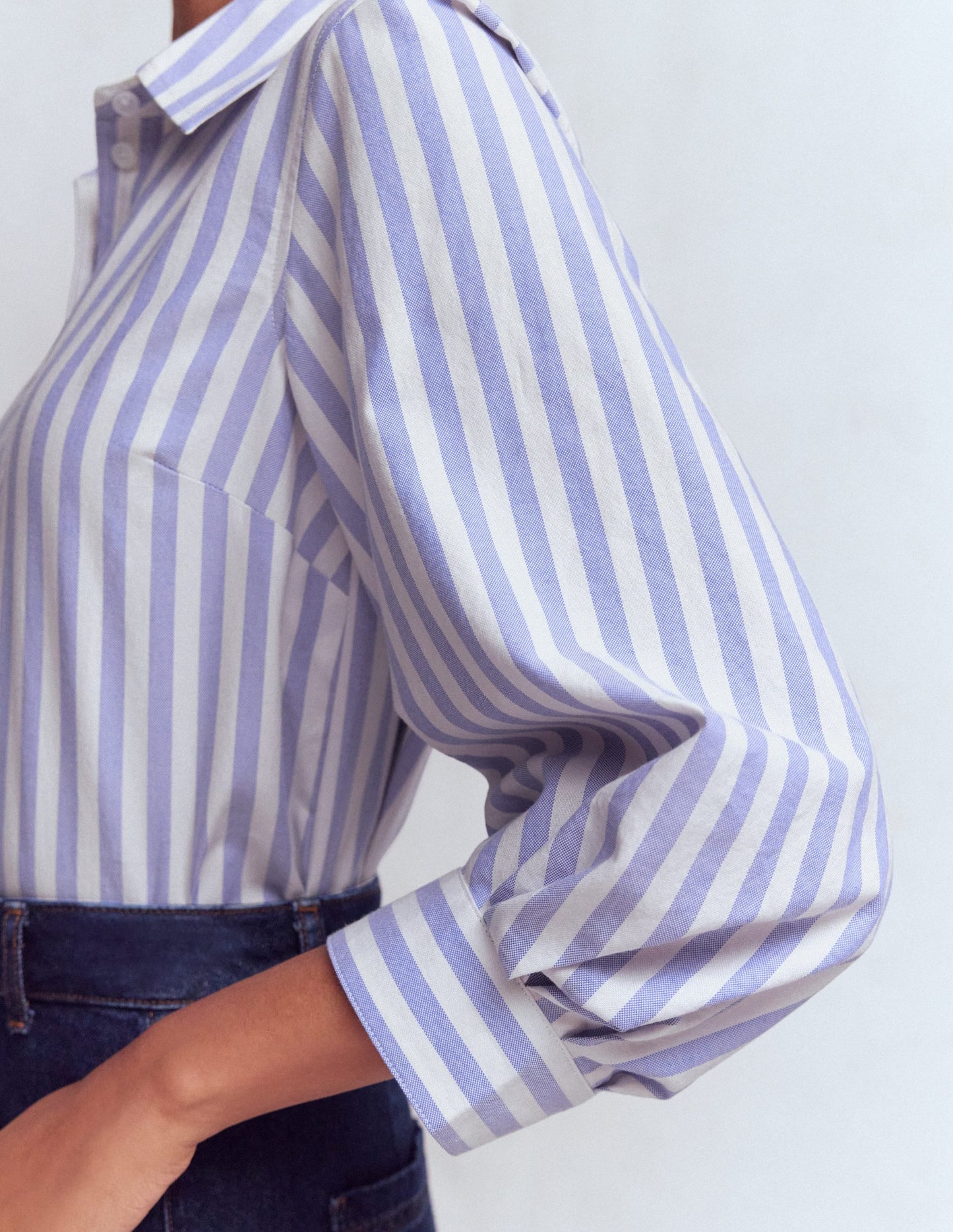 Puff Sleeve Oxford Shirt-Navy, Ivory Stripe