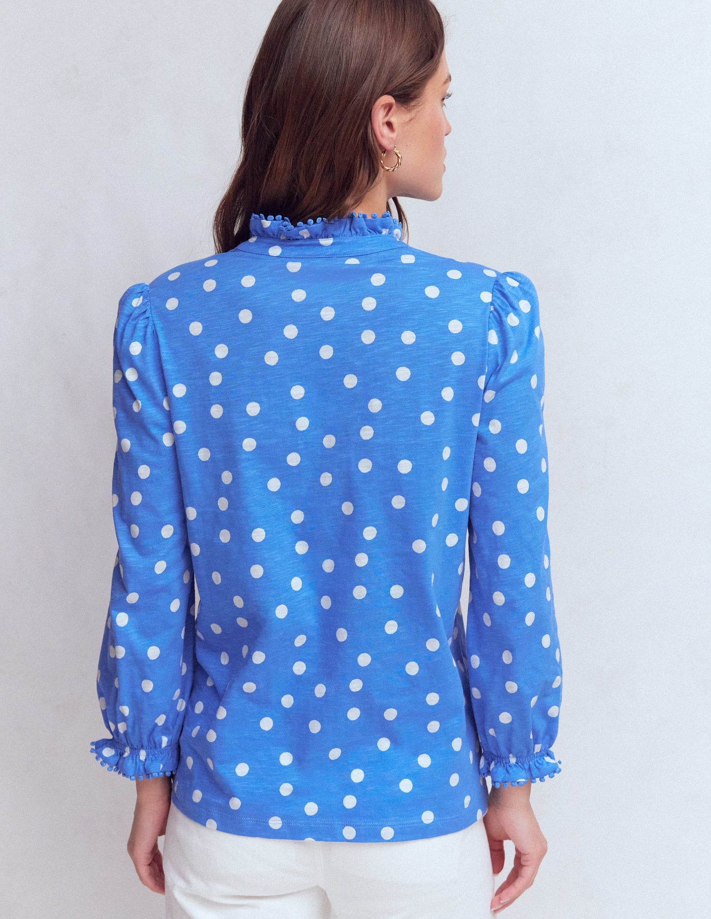 Emily Pom Trim Ruffle Shirt-Regatta, Painted Dot Spaced