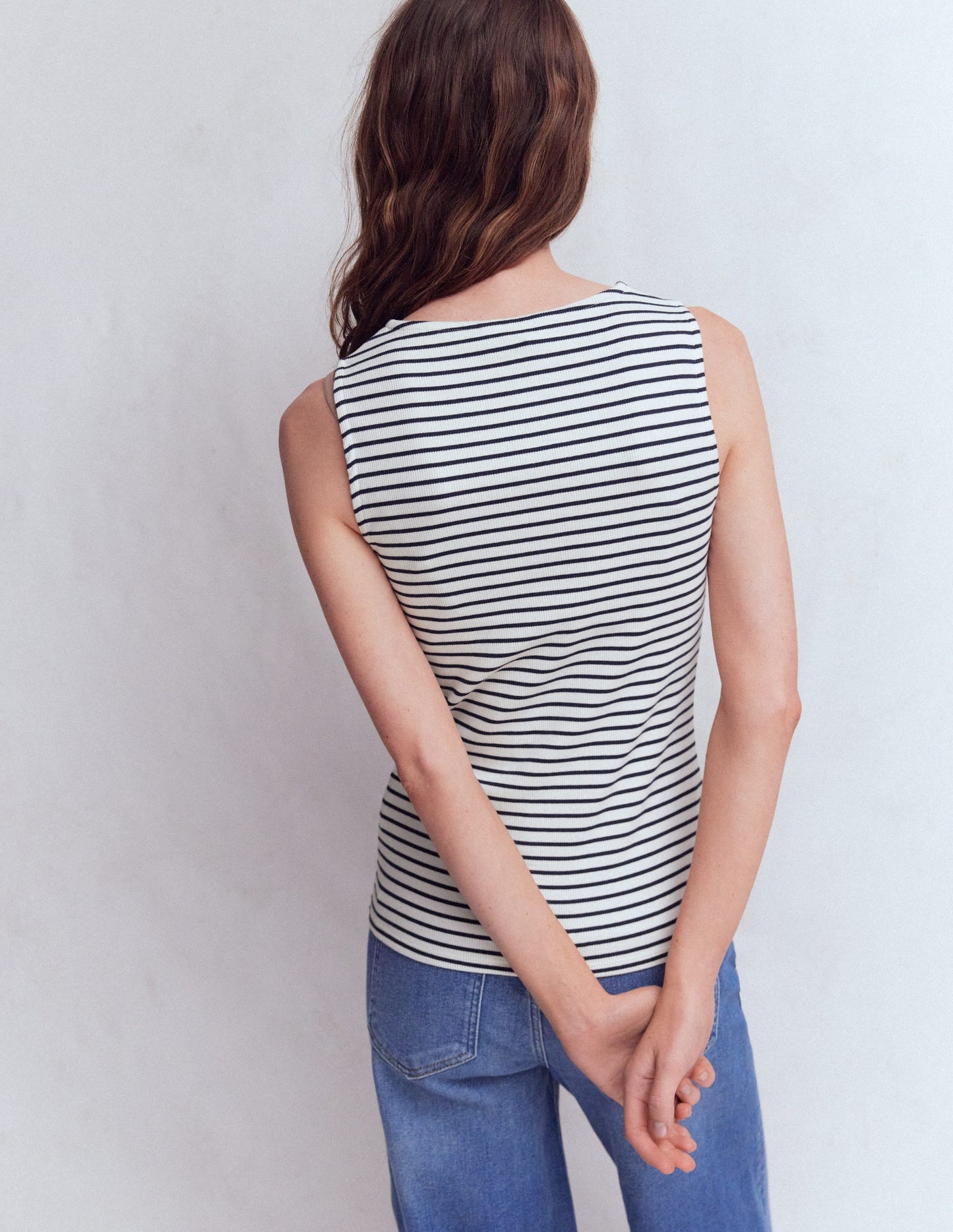 Evie Button Through Rib Vest-Ivory, Navy Stripe