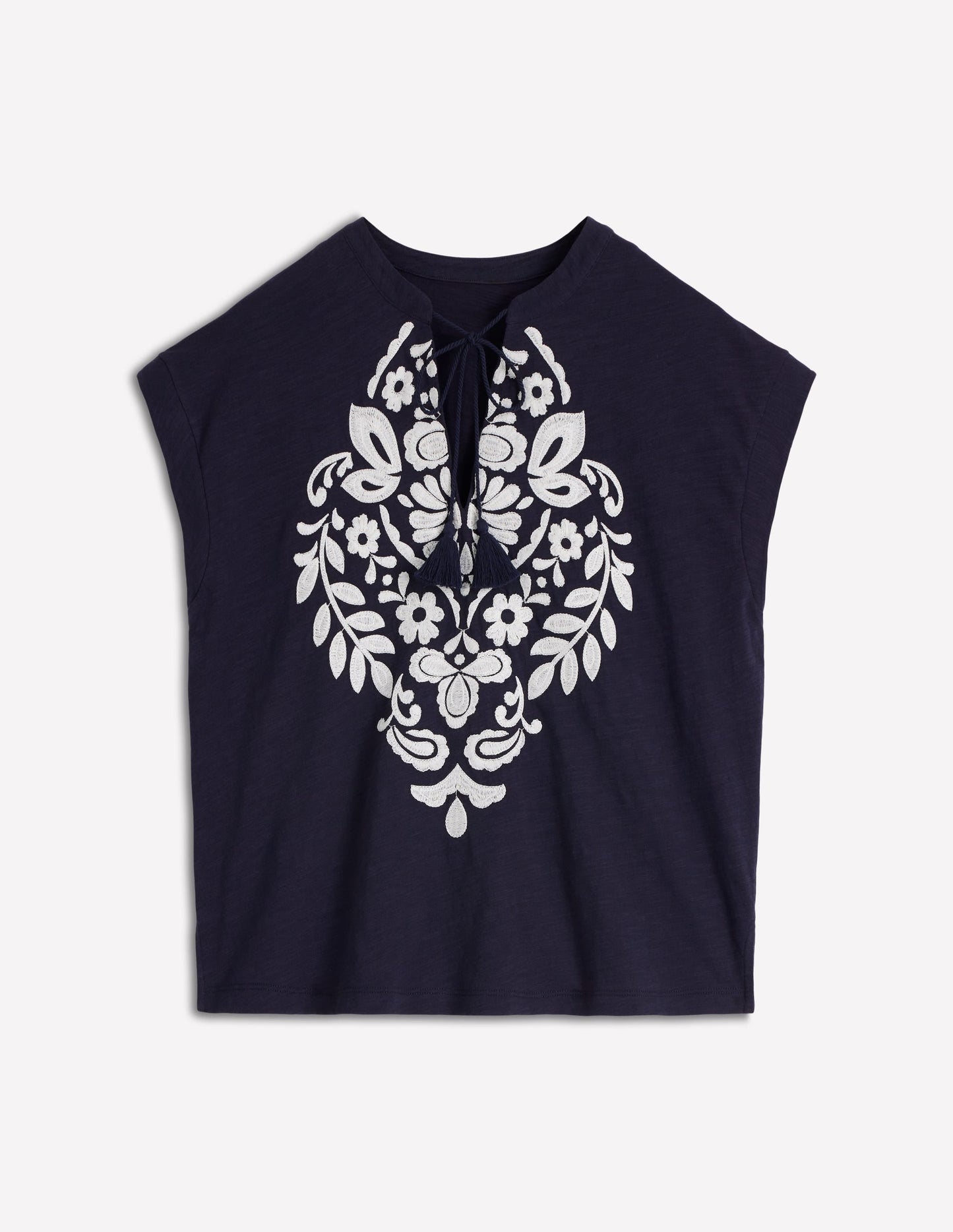 Nina Embroidered Notch T-shirt-Navy Embroidery