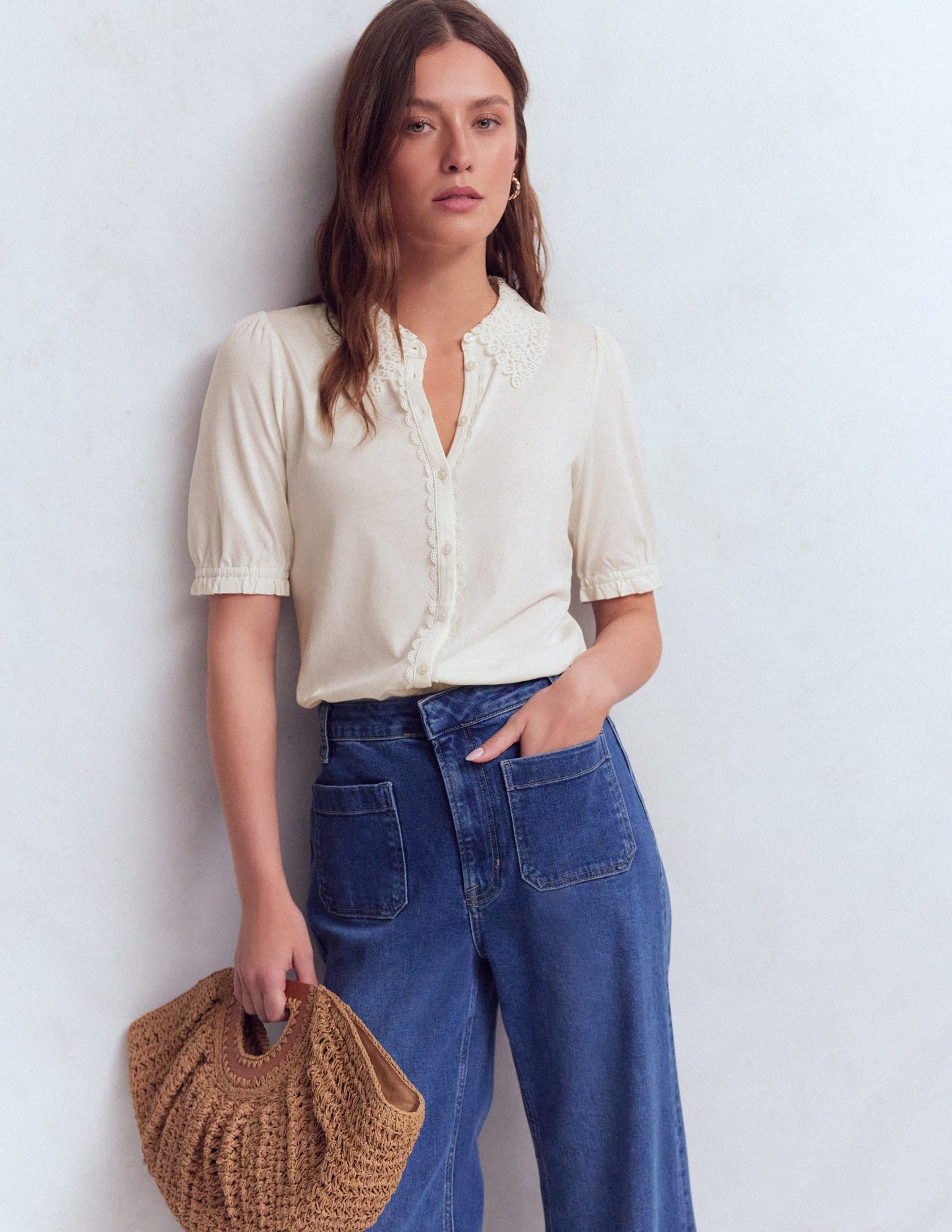 Nessa Broderie Collar Blouse-Ivory