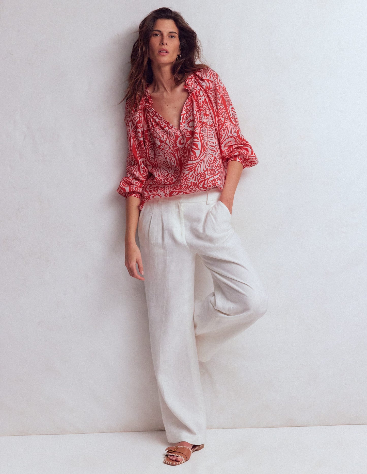 Serena Pleat Neck Linen Top-Red, Enchanted Paisley