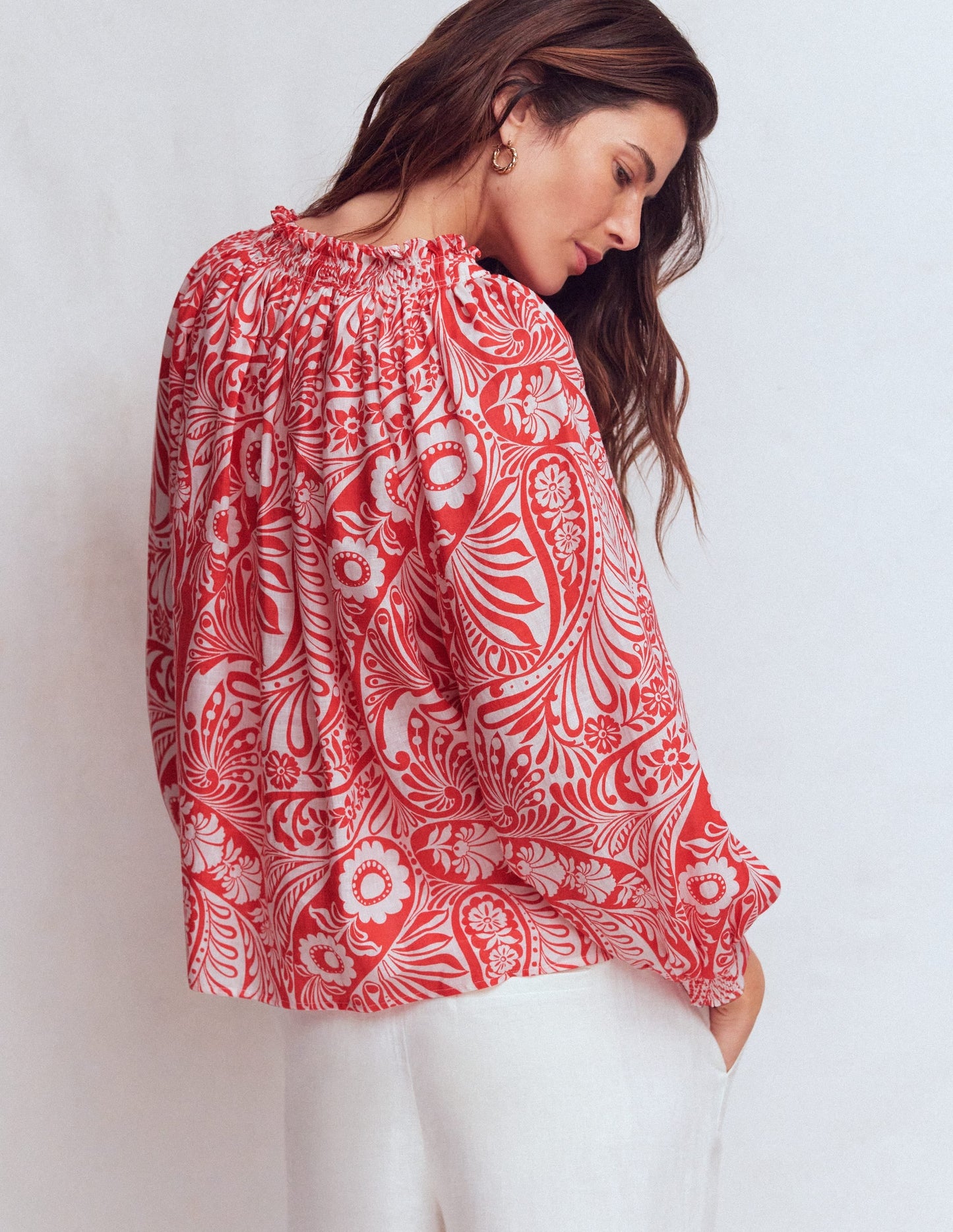 Serena Pleat Neck Linen Top-Red, Enchanted Paisley