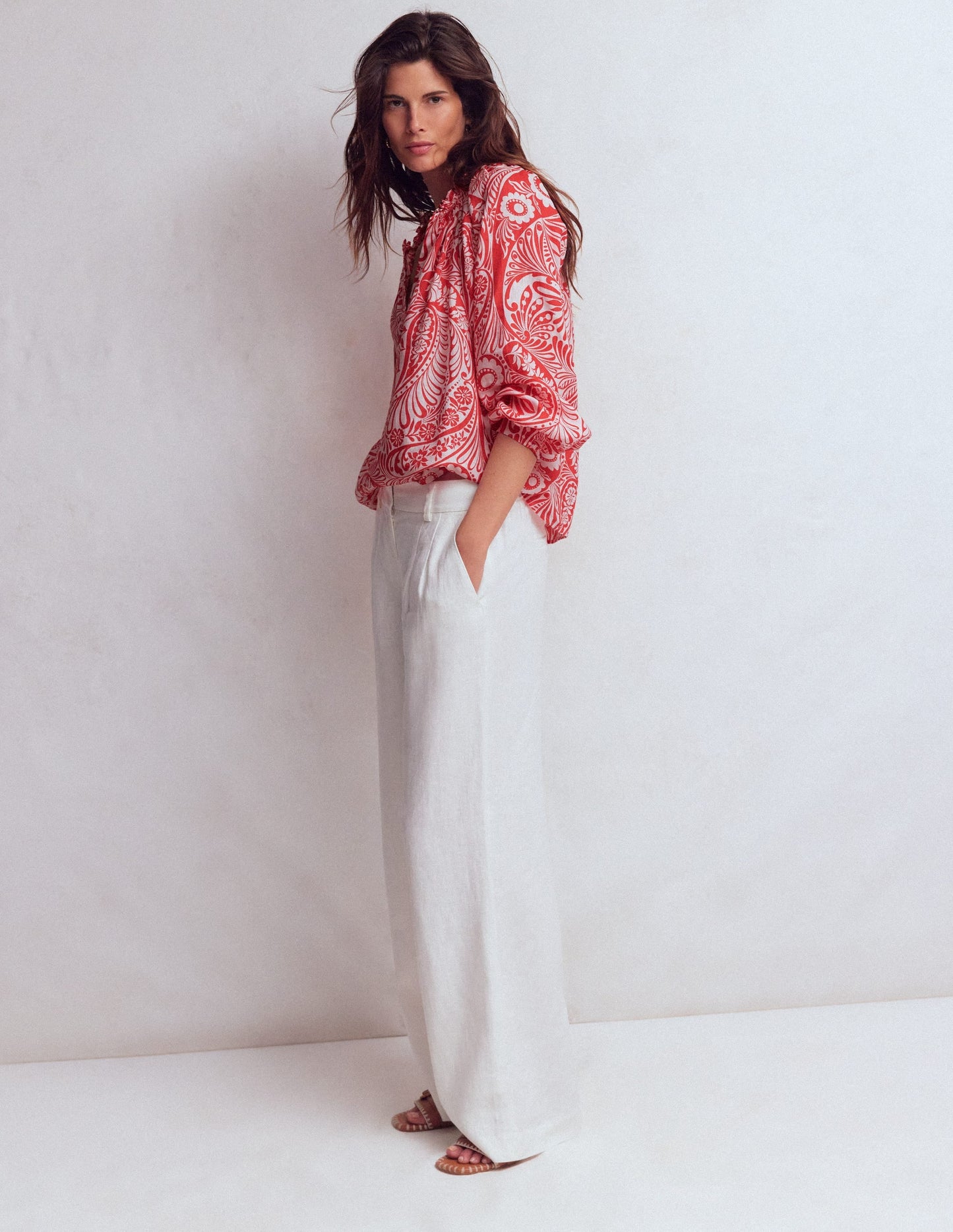 Serena Pleat Neck Linen Top-Red, Enchanted Paisley