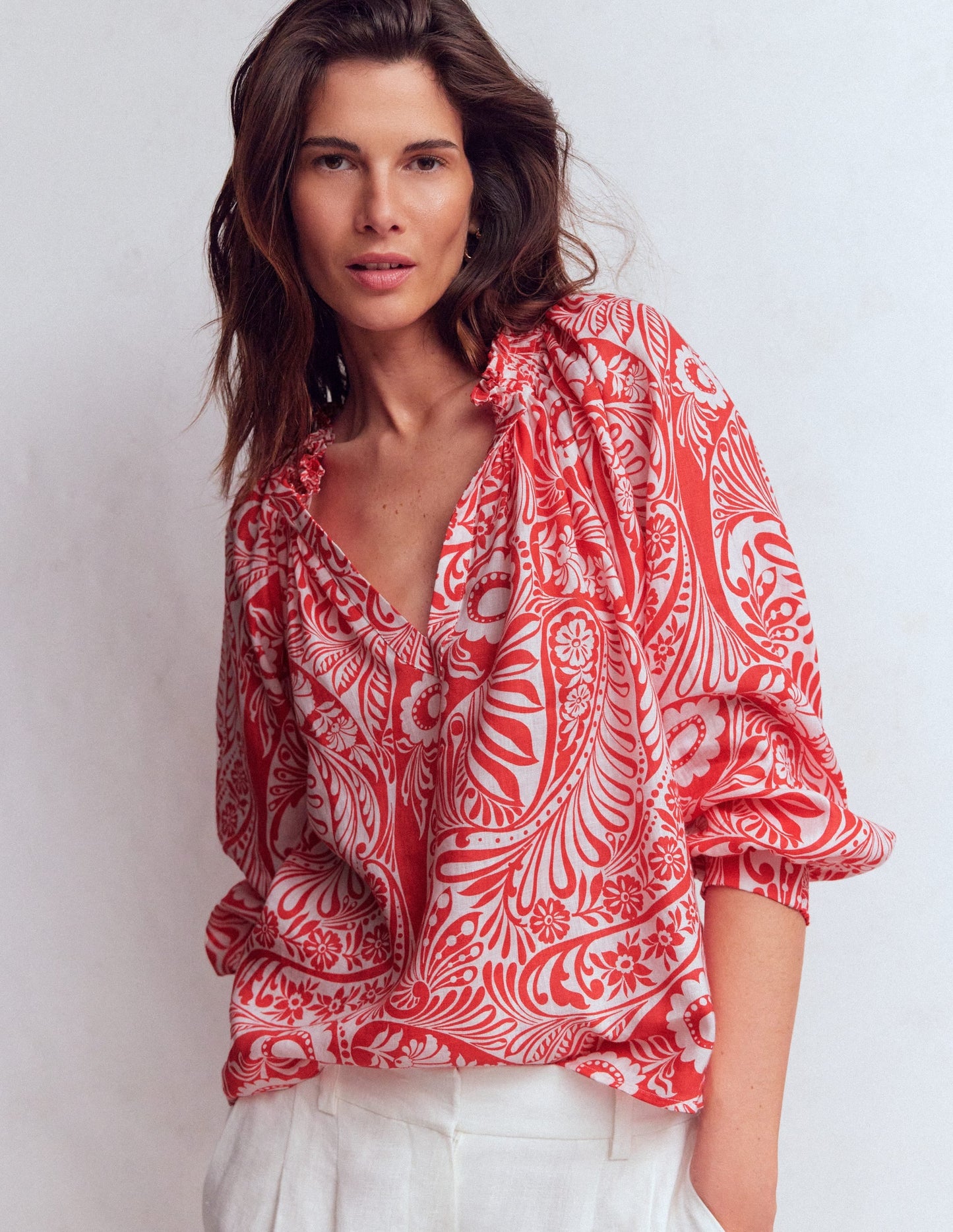 Serena Pleat Neck Linen Top-Red, Enchanted Paisley