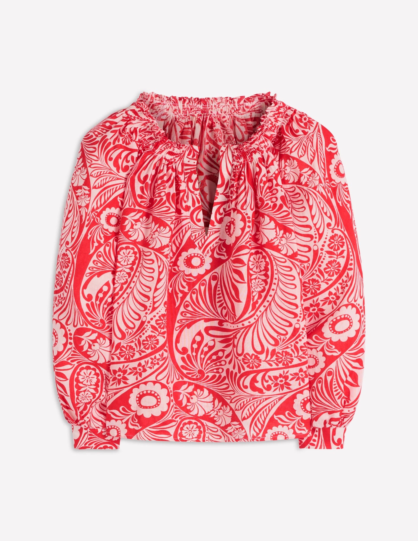 Serena Pleat Neck Linen Top-Red, Enchanted Paisley