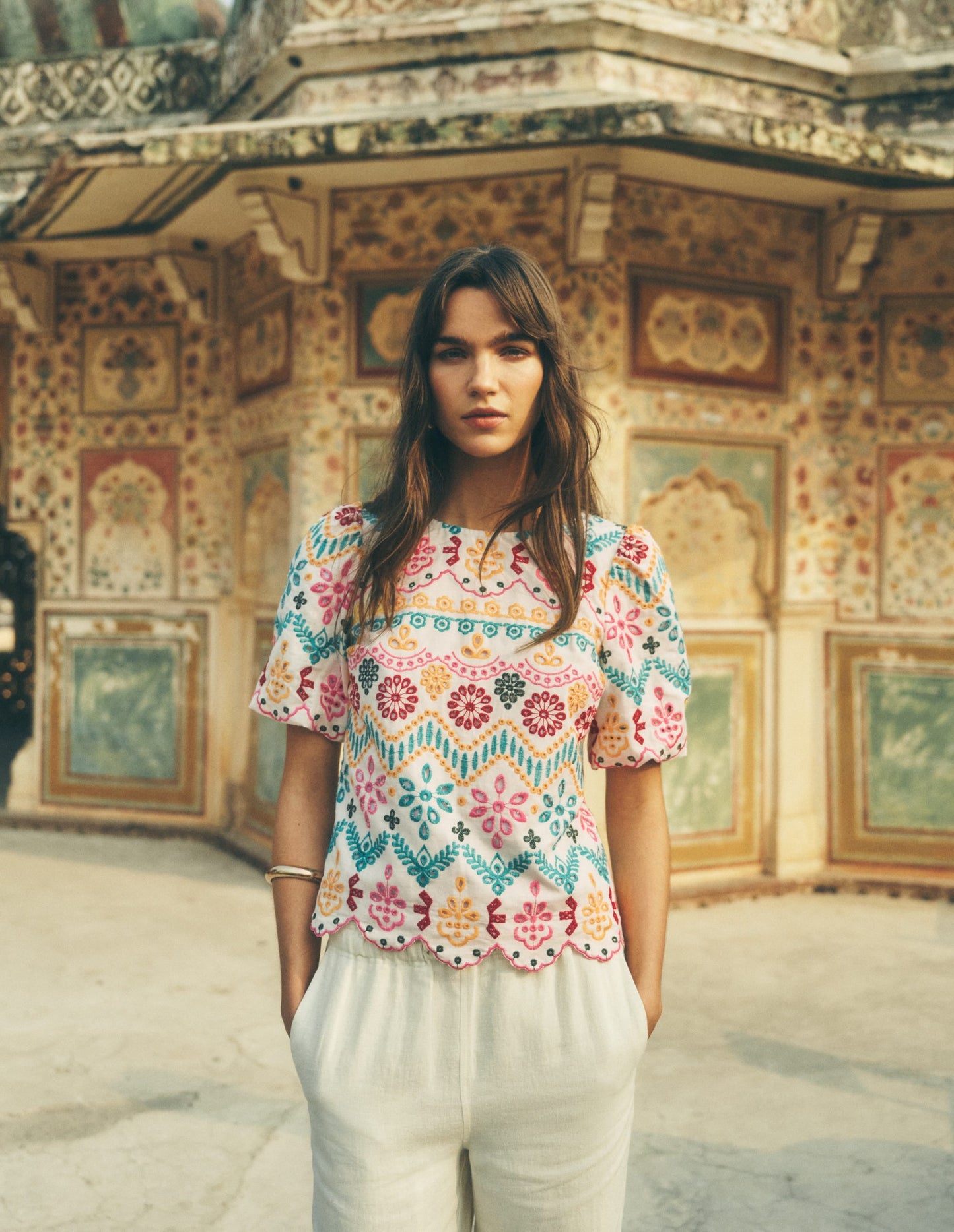 Linen Puff Sleeve Top-Multi Broderie