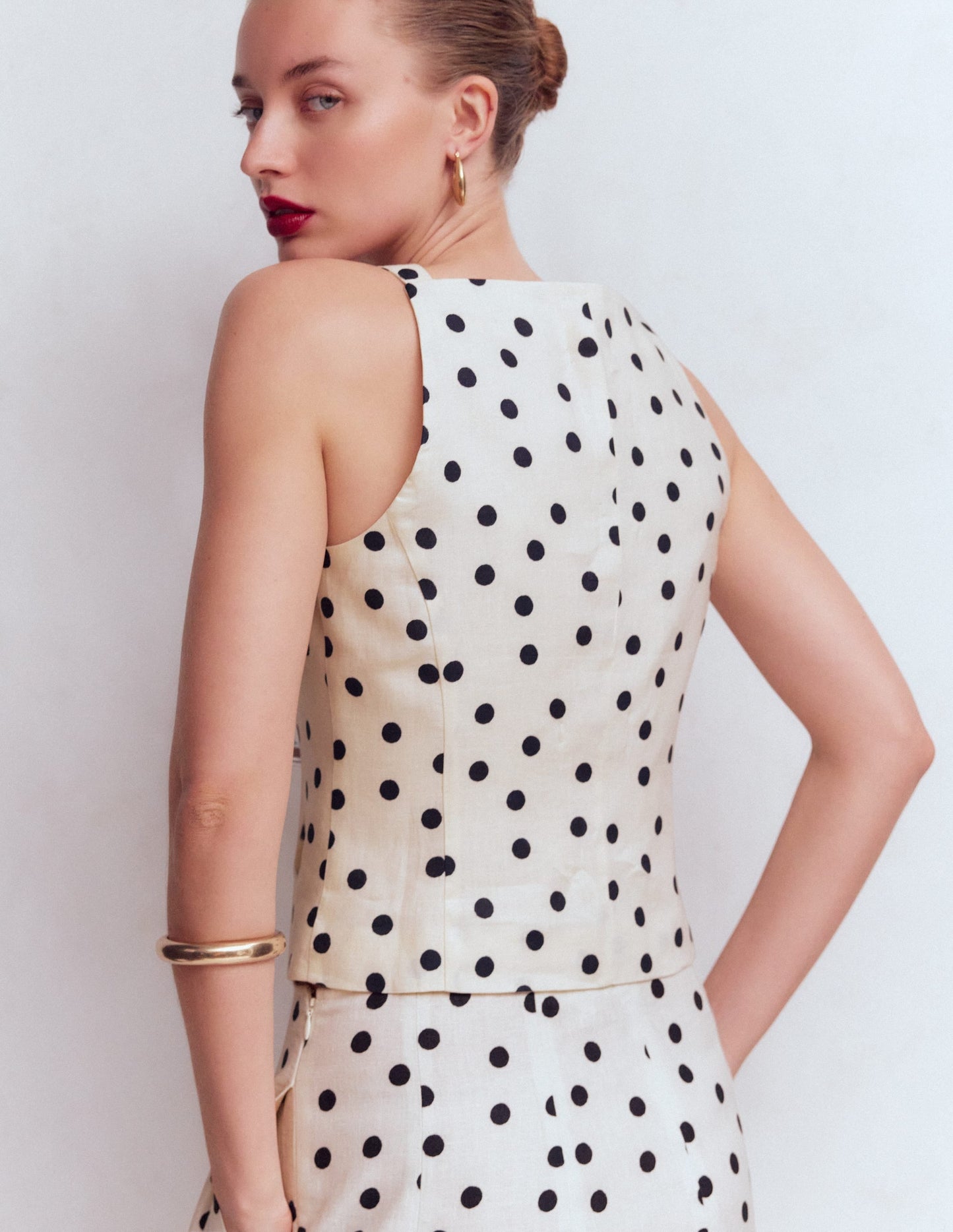 Square Neck Linen Waistcoat-Ivory, Painted Dot Spaced