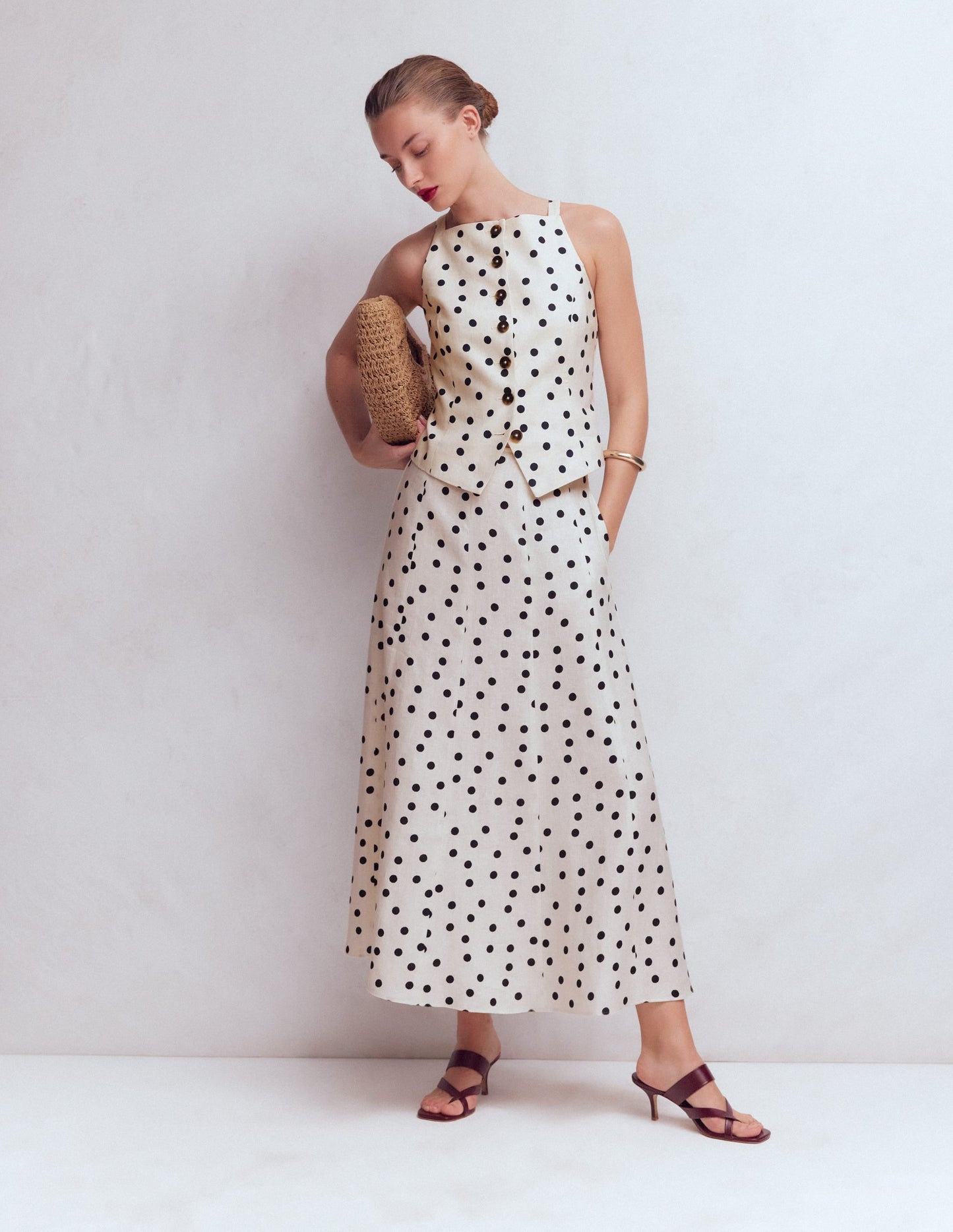 Square Neck Linen Waistcoat-Ivory, Painted Dot Spaced