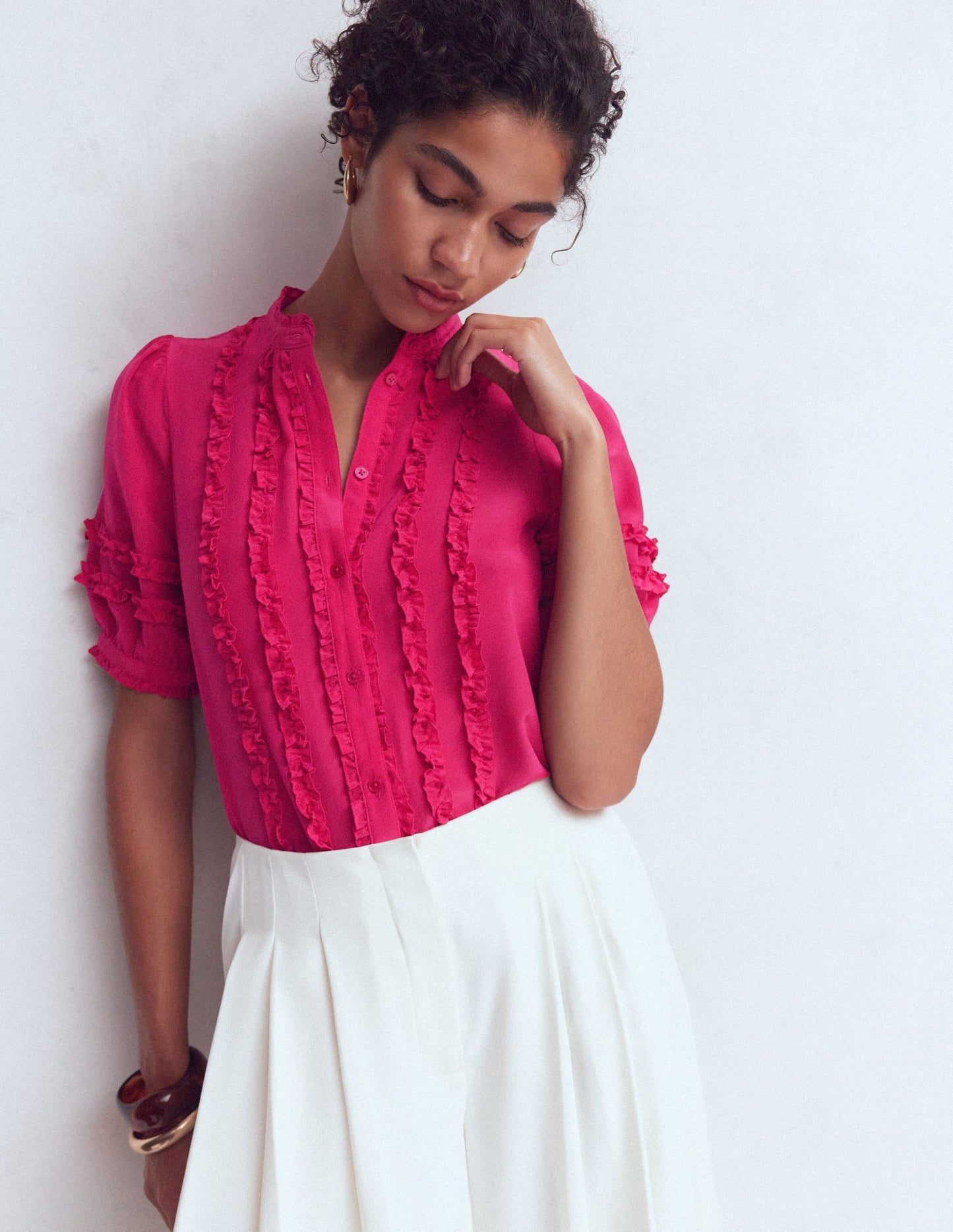 Short Sleeve Silk Ruffle Top-Vibrant Pink