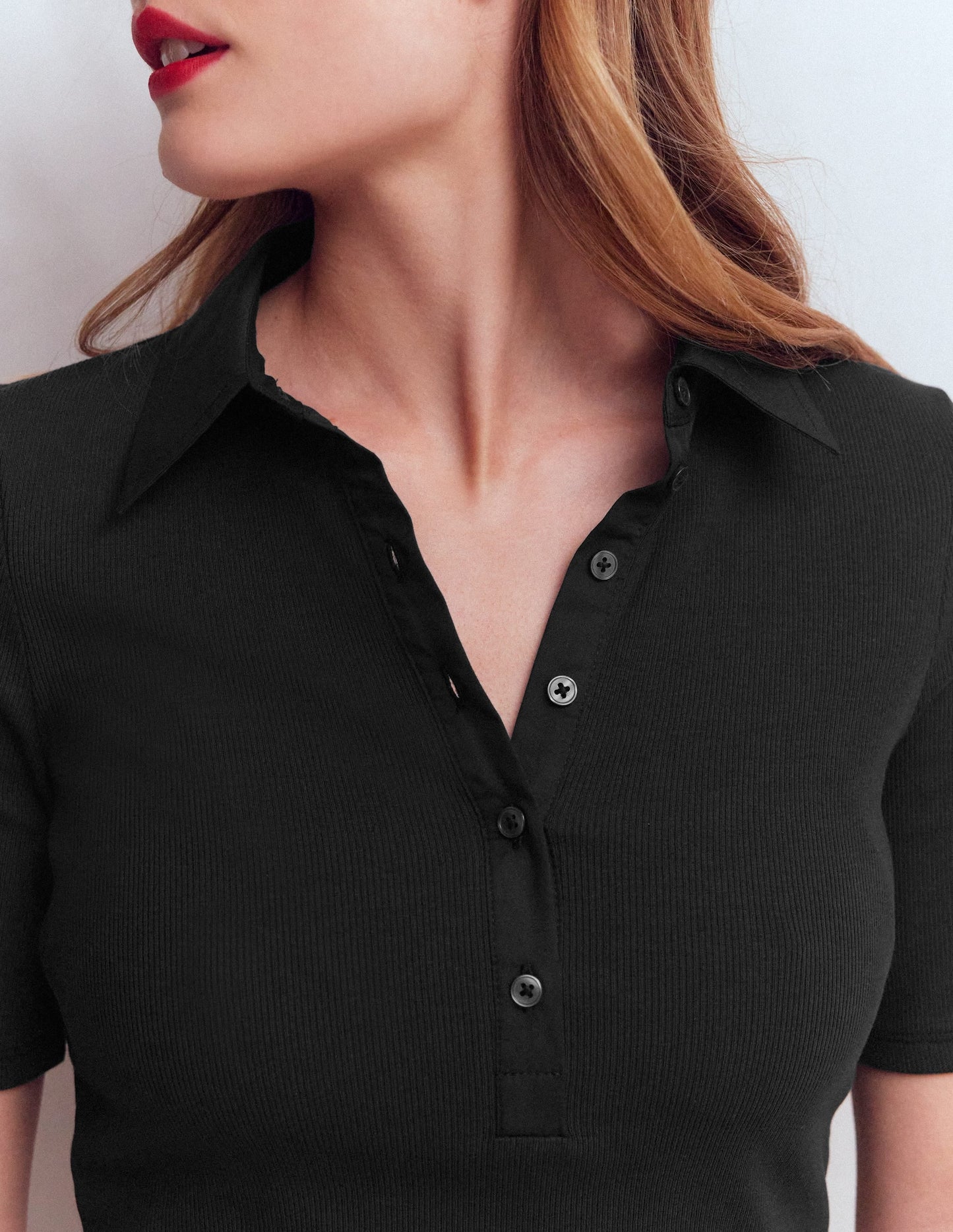 Collared Ribbed Henley Top-Black