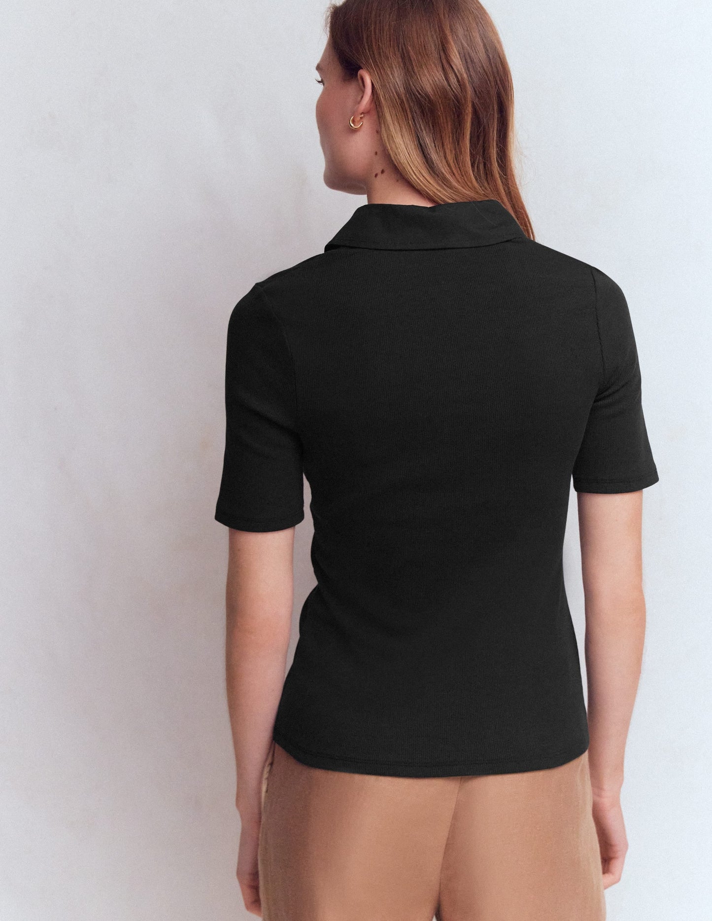 Collared Ribbed Henley Top-Black