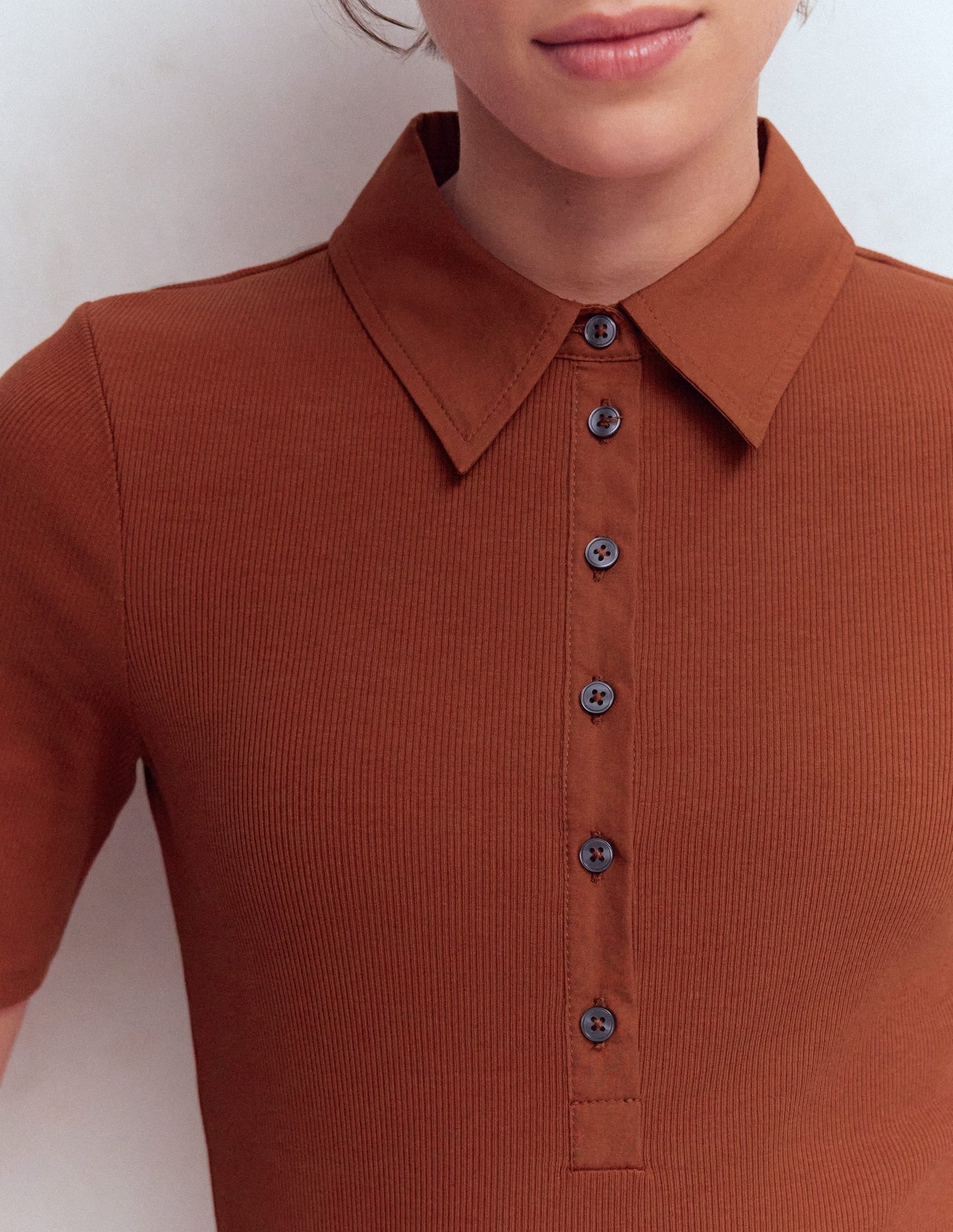 Collared Ribbed Henley Top-Burnt Orange