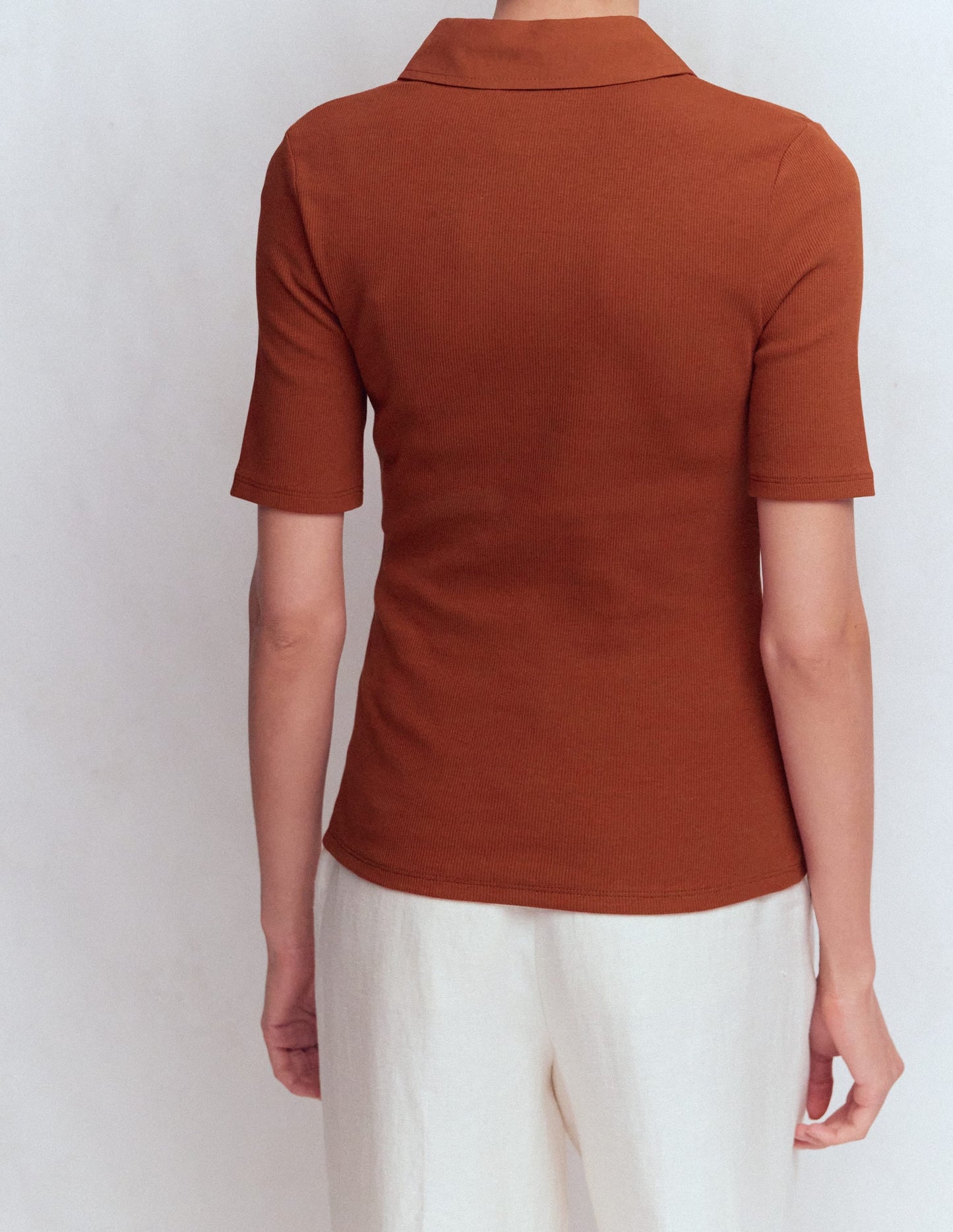 Collared Ribbed Henley Top-Burnt Orange