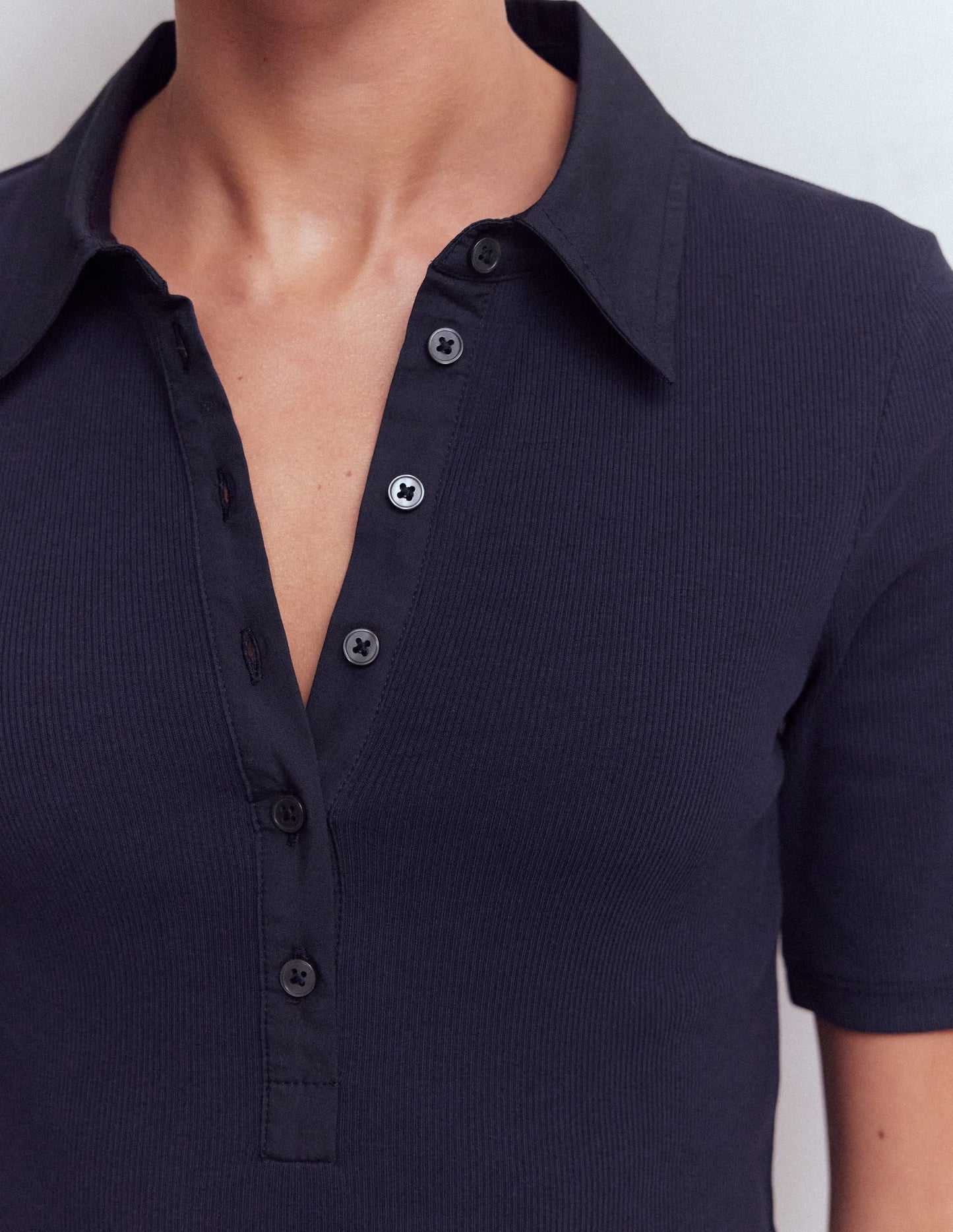 Collared Ribbed Henley Top-Navy