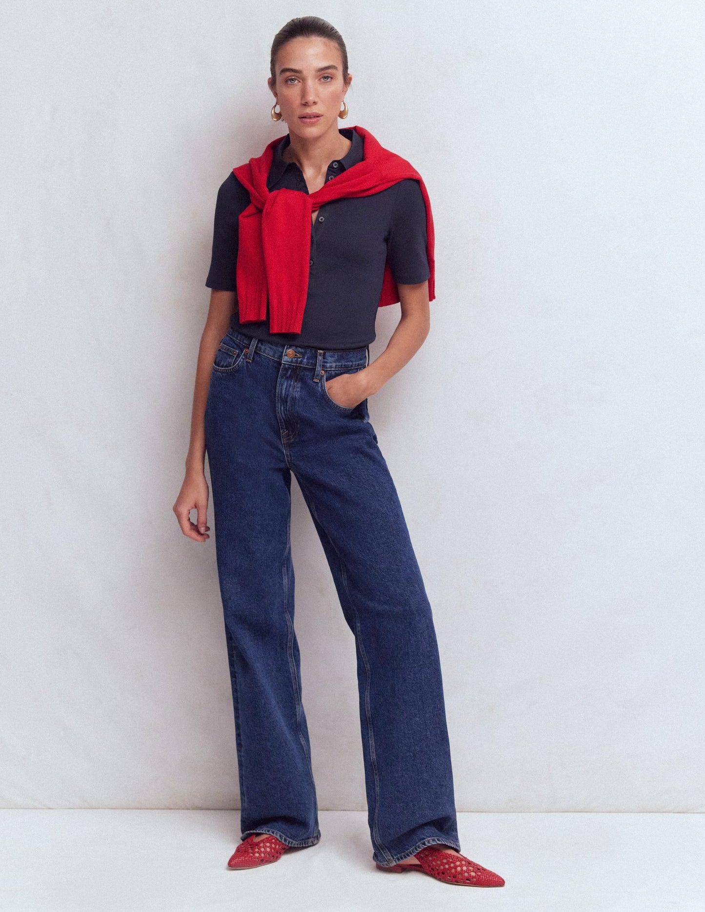 Collared Ribbed Henley Top-Navy