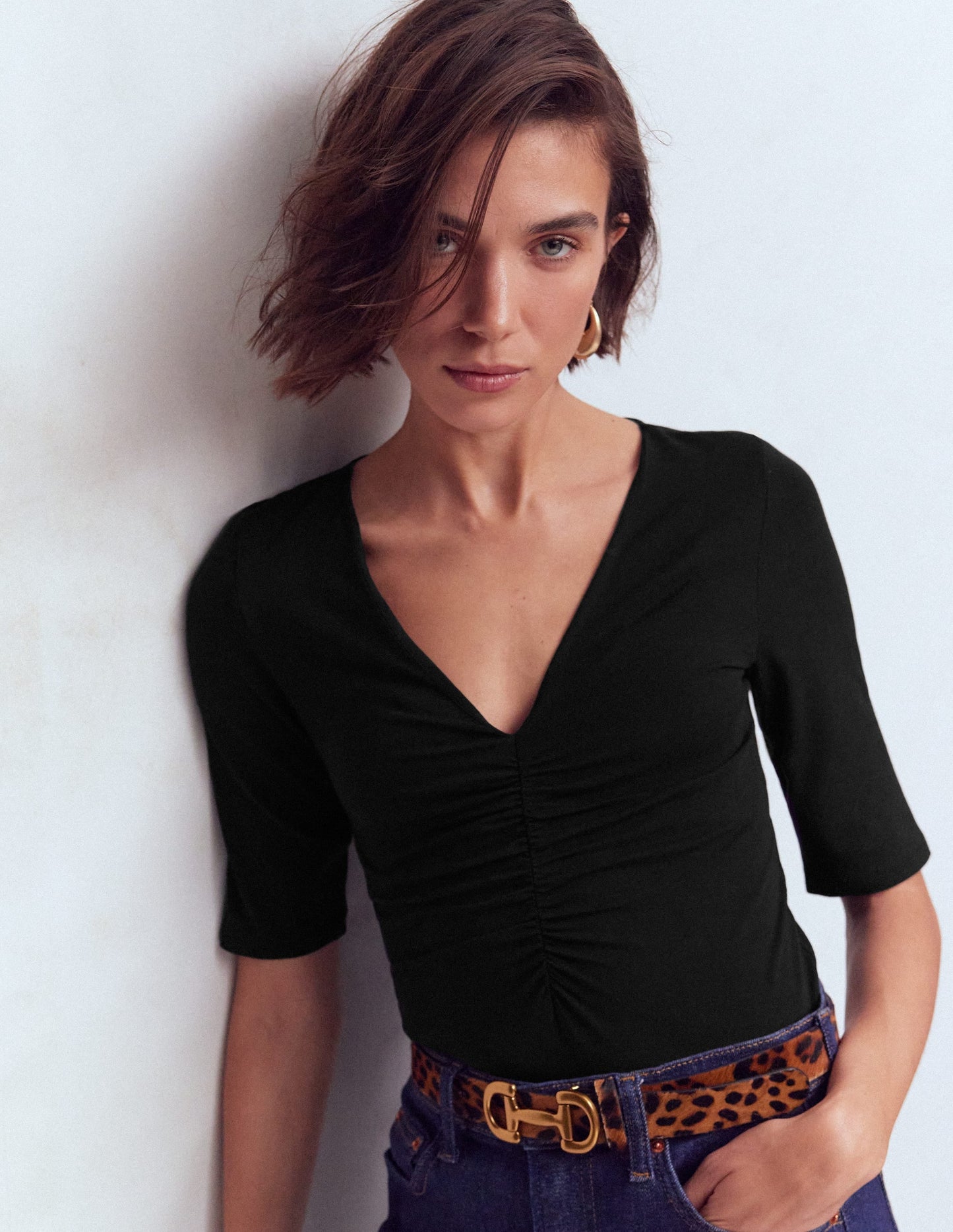 Tia Ruched V-neck Top-Black