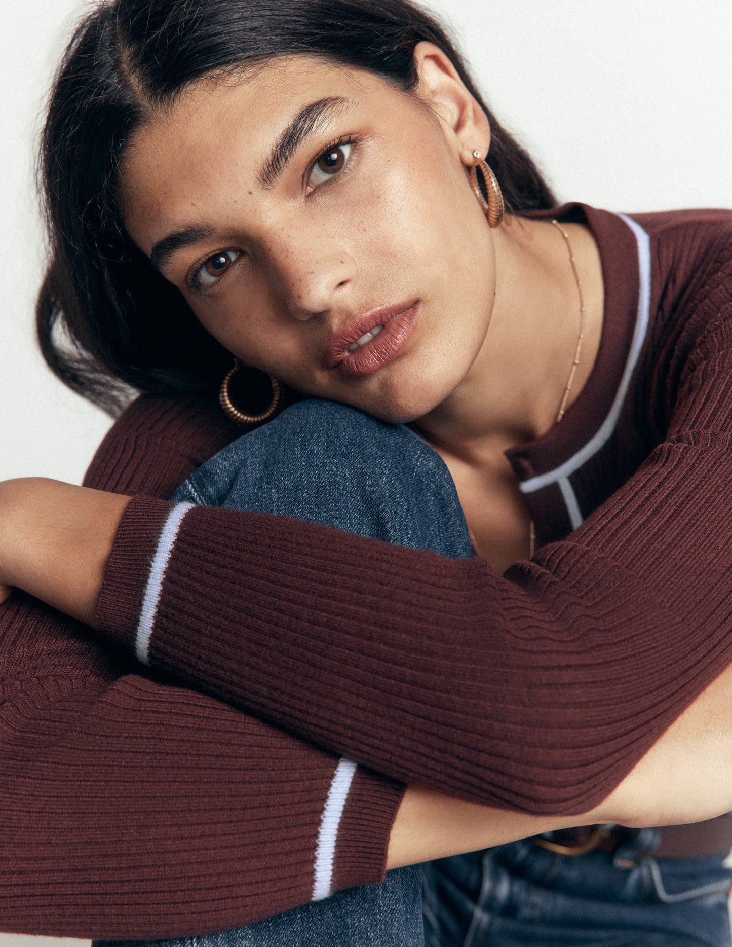 Paula Ribbed Crew Cardigan-Bitter Chocolate