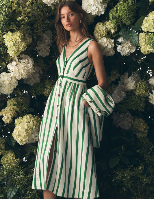 Catherine Button Linen Dress-Ivory and Green Satin Stripe