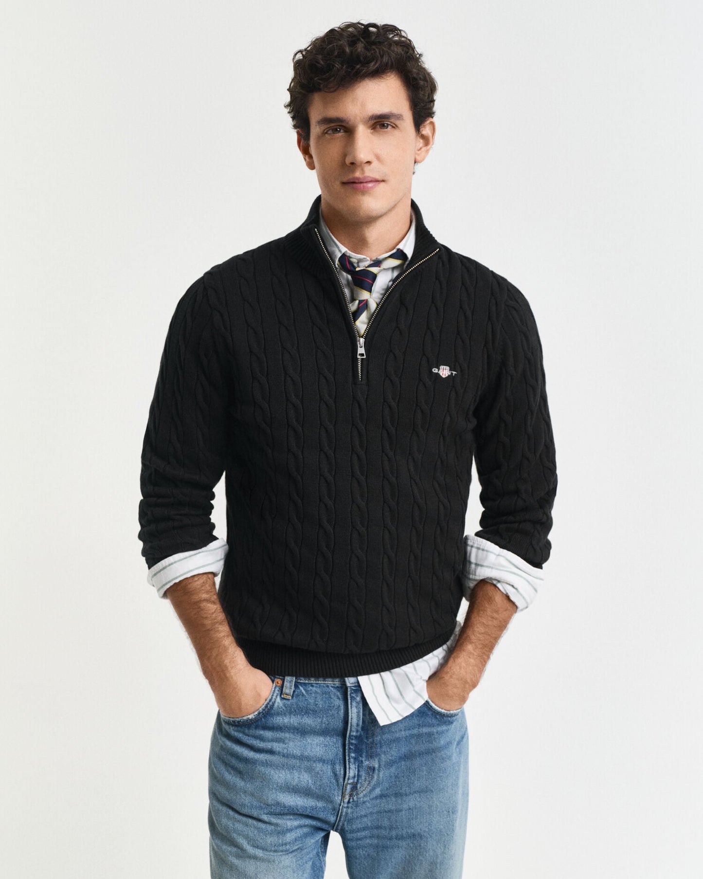 Baumwoll-Half-Zip-Pullover mit Zopfmuster