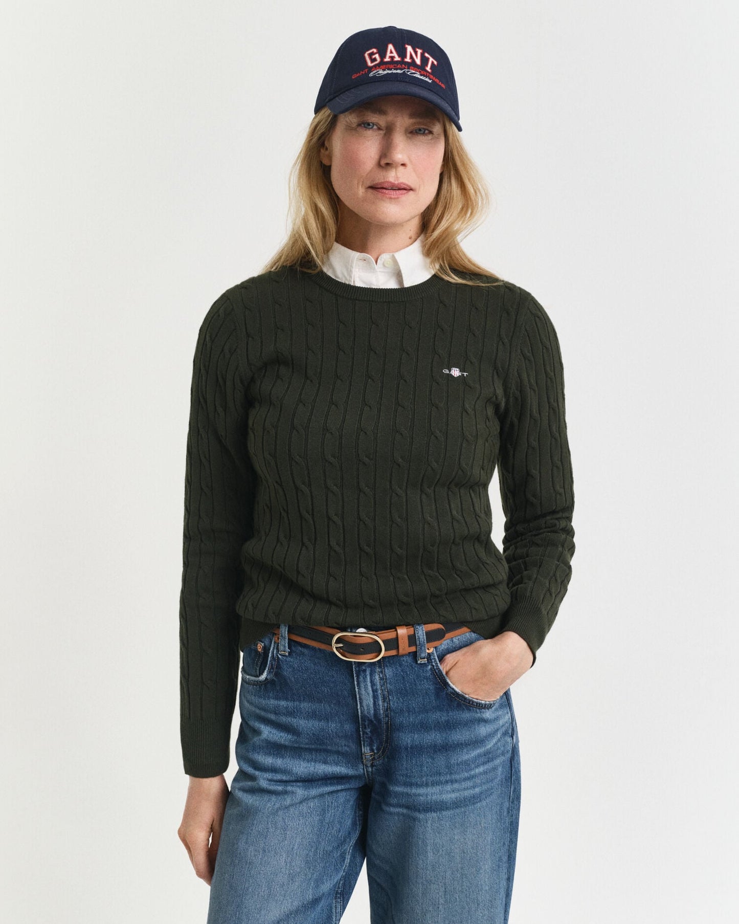 Pullover mit Rundhalsausschnitt aus Stretch-Baumwollzopfstrick