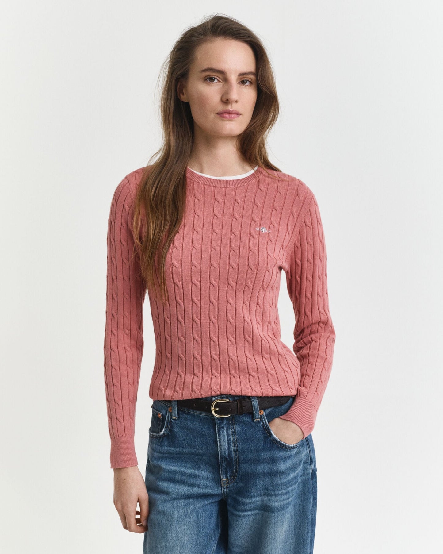 Pullover mit Rundhalsausschnitt aus Stretch-Baumwollzopfstrick