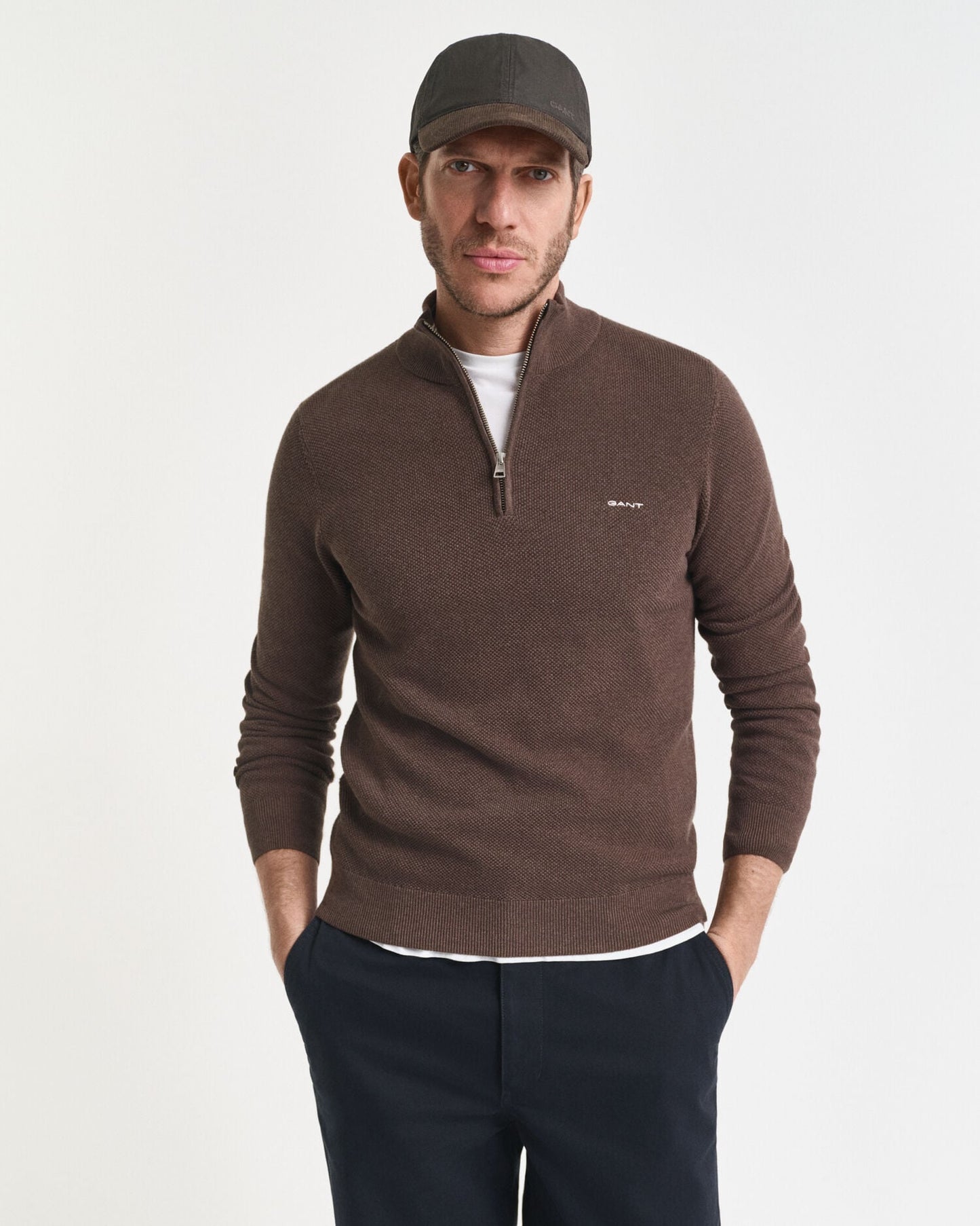 Baumwoll-Pikee-Pullover mit halbem Reißverschluss