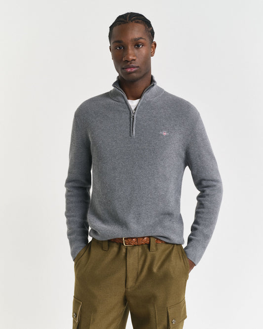 Gerippter Pullover aus Baumwolle und Merinowolle mit halbem Reißverschluss
